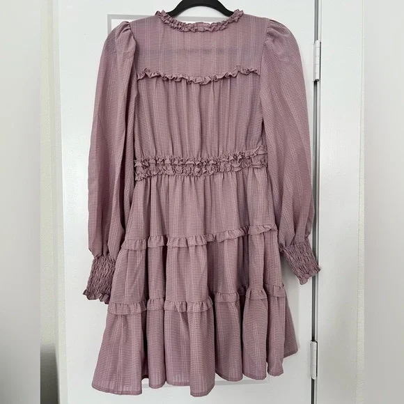 Tiered Ruffle V-Neck Long Sleeve Dress - Mauve - Picture 3 of 5